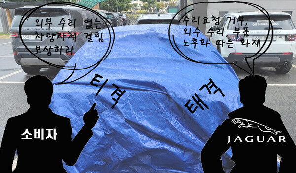 책임 공방 속에 청색포장 속에 잠든 ‘재규어 XJ’. 사진=제보자/ 편집=이범석 기자