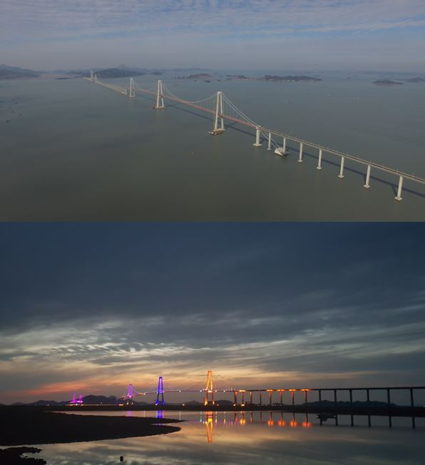 ▲대림산업이 준공한 전남 신안군 '천사대교'의 현수교 구간 전경 및 야경 (사진제공=대림산업)