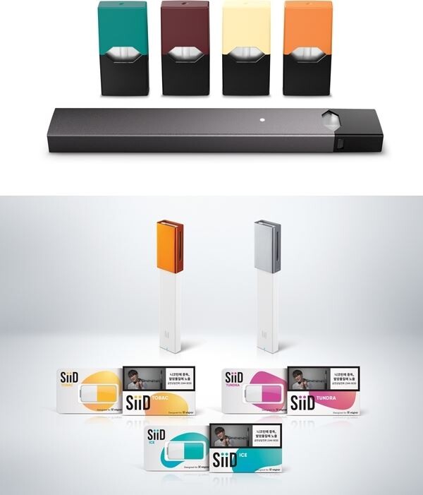 ▲(사진에서 상단) 지난 24일 출시된 쥴랩스코리아의 '쥴(JUUL) 디바이스'와 '팟(POD)', 27일 출시된 KT&G의 릴 베이퍼(lil Vapor)와 시드(SiiD). 두 제품 모두 액상전자담배 형태다. [사진=각 사 취합]
