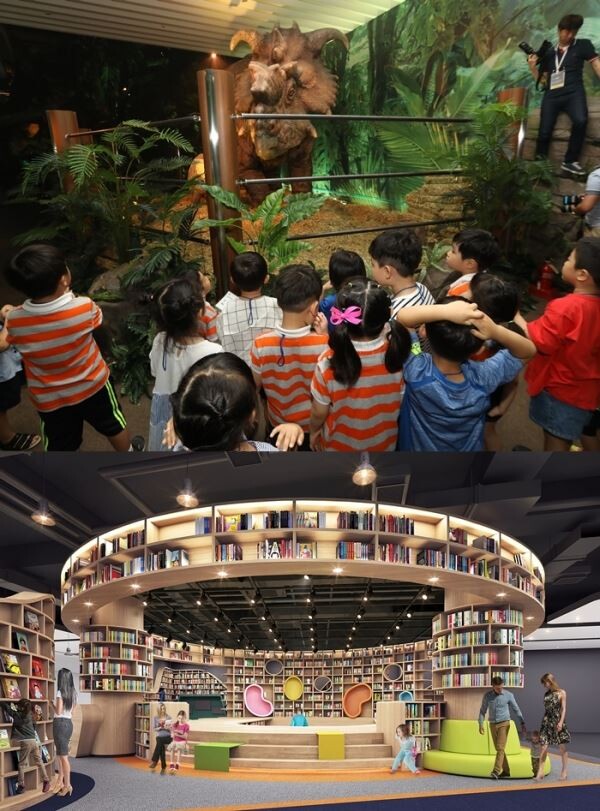 ▲(사진에서 위) 롯데몰 김포공항점에서 여는 '쥬라기 월드 특별전'을 어린이 고객들이 관람하고 있다. (사진에서 아래) 스타필드시티 부천점에 들어서는 별마당 도서관. [사진=각 사 취합]