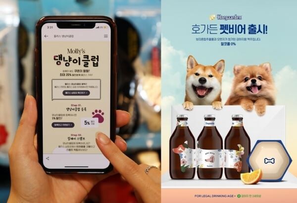 ▲(사진 왼쪽부터) 이마트 몰리스펫샵의 멤버쉽 댕냥이클럽, 오비맥주가 출시한 호가든 펫비어. [사진=각 사 취합]