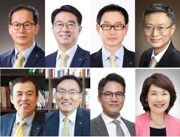 (사진 위 왼쪽부터)양종희 KB손해보험 대표, 이동철 KB국민카드 대표, 허정수 KB생명보험 대표, 신홍섭 KB저축은행 대표, 조재민ㆍ이현승 KB자산운용 대표, 김종필 KB인베스트먼트 대표, 김해경 KB신용정보 대표.[사진제공=KB금융지주]