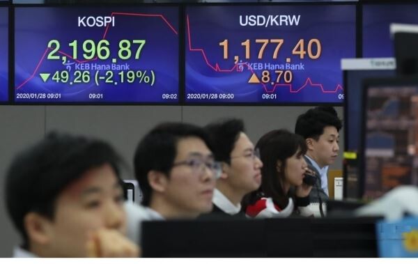 신종 코로나바이러스 감염증인 '우한 폐렴' 우려가 금융시장을 강타했다. 사진은 이날 서울 중구 KEB하나은행 본점 딜링룸. [사진=연합뉴스]